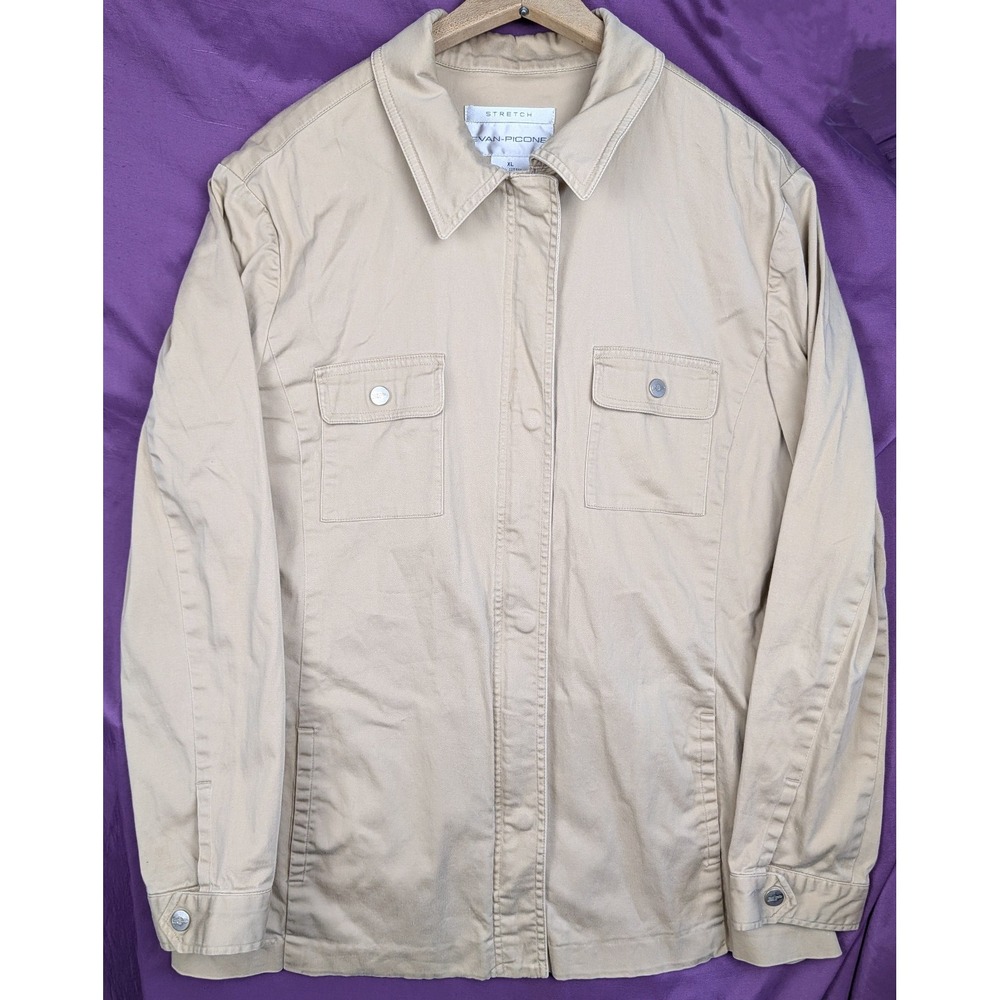 Evan Picone Stretch Short Trench Coat Jacket Khaki Camp Safari Shirt XL No Belt